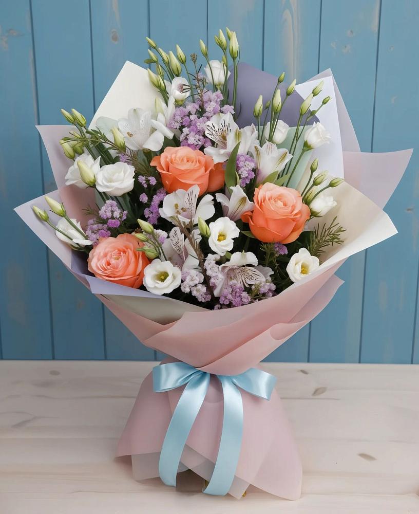 Букет цветов из: Лизиантусы, Розы, Альстромерии и Гипсофила в Бояркино